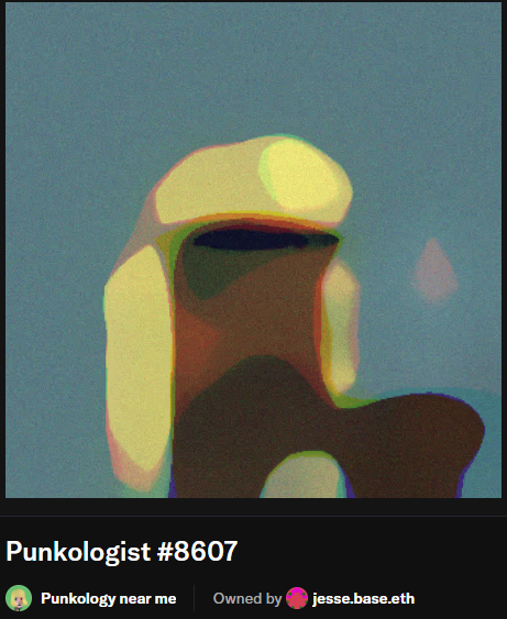 An NFT-style digital artwork titled 'Punkologist #8607' showing a blurry, abstract brown and yellow figure, attributed to Punkology near me and owned by jesse.base.eth.