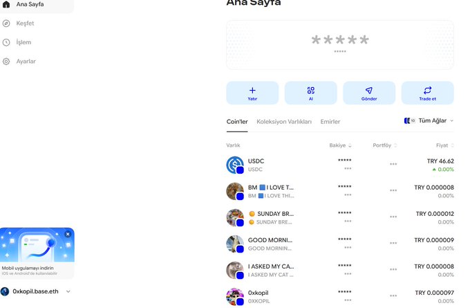 The image shows a screenshot of a user profile on Base App (Oskopil.base.eth), displaying their coin portfolio with holdings like USDC, I LOVE T..., SUNDAY BR..., GOOD MORNI..., I ASKED MY CA..., and Oxkopi, with a total balance of TRY 46.62. The profile features Turkish interface text ("Ana Sayfa," "Keşfet," "İşlem," "Ayarlar") and showcases the ecosystem exploration mentioned in the post, demonstrating active engagement with various Base tokens and collections.