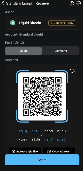 This image shows a screenshot of the app for Liquid Bitcoin, specifically showing a QR code on a phone screen. The main message of the image is related to a rewards system where users can earn L-BTC by connecting to a specific address, like @liquid_BTC. To claim their reward, users need to scan the QR code provided in the screenshot and fill out the necessary information. The post also mentions that this year is Blockstream Faucet Day, an event celebrating the release of Bitcoin as a currency.
