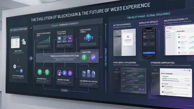An infographic titled 'THE EVOLUTION OF BLOCKCHAIN & THE FUTURE OF WEB3 EXPERIENCE' showing the journey from simple transactions to decentralized storage, and the next phase focusing on global relevance with better experiences and stronger communities.