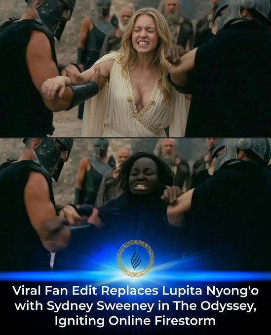 A viral fan edit replaces Lupita Nyong'o with Sydney Sweeney in a scene from *The Odyssey*, igniting online debate. The image shows the original scene with Nyong'o being restrained by armored guards, juxtaposed with the edited version featuring Sweeney, accompanied by the text: "Viral Fan Edit Replaces Lupita Nyong'o with Sydney Sweeney in The Odyssey, Igniting Online Firestorm."