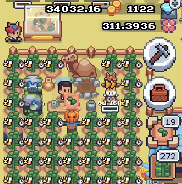 Pixel art farming/resource management game screenshot showing a farm grid with crops, a character, animals (chickens, camel), and resource counters displaying 34032.16 coins and 1122 gems.