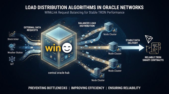 An infographic titled 'LOAD DISTRIBUTION ALGORITHMS IN ORACLE NETWORKS' showing WinkLink request balancing for stable TRON performance via a central oracle hub and node clusters.
