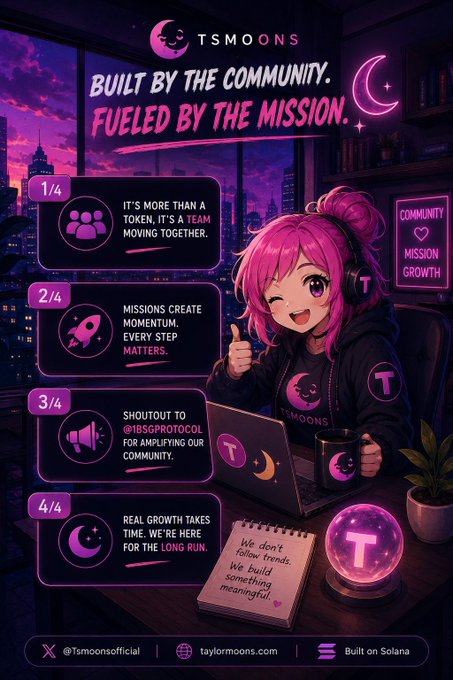 Promotional graphic for 'TSMOONS' with the tagline 'Built by the Community. Fueled by the Mission,' listing four community pillars and identifying the project as a 'T' token built on Solana.