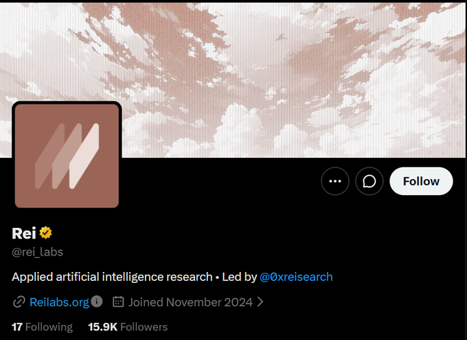 The image shows the X profile for Rei (@rei_labs), an applied AI research group led by @0xreisearch. It has 15.9K followers, joined in November 2024, and links to Reilabs.org—matching the post’s reference to the $REI token.