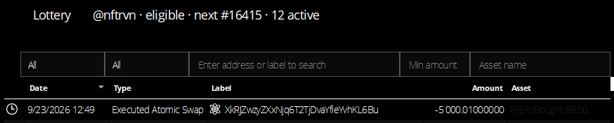 A lottery tracker page showing a transaction for @nftrvn with an executed atomic swap of -5.0000.01000000 XFER, with next ticket #16415 and 12 active.