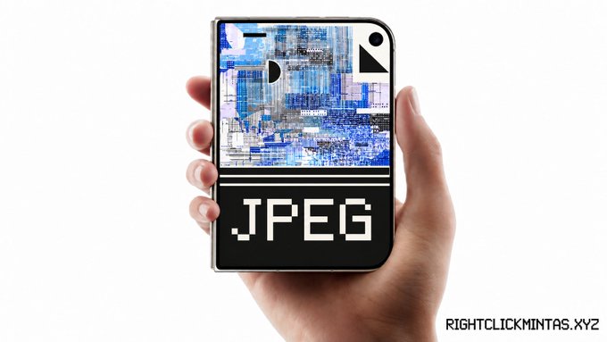 A hand holds a smartphone displaying a JPEG file icon with pixelated artwork above the word "JPEG", with "RIGHTCLICKMINTAS.XYZ" text in the corner.