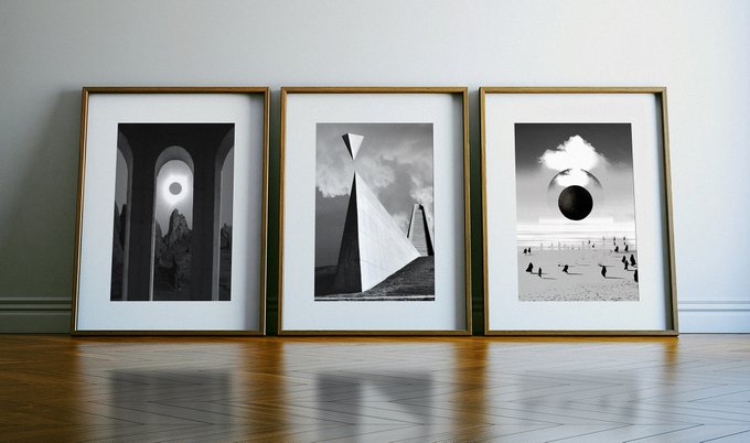 Three framed black-and-white surreal prints—featuring an arched doorway, geometric peaks, and a floating sphere above a beach—rest on a wooden floor against a white wall, presented as a three-piece "Bn series" artwork listed for 0.30 ETH.