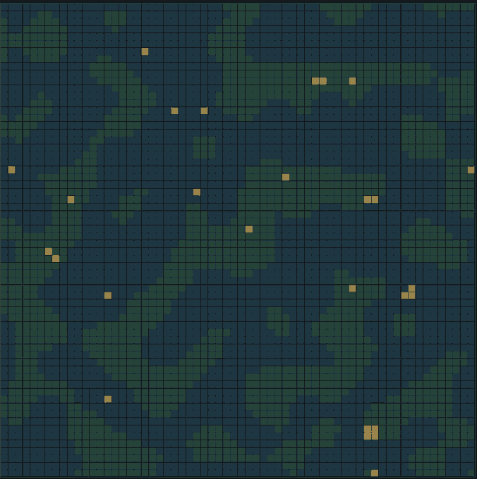 A pixelated grid map showing dark blue ocean, green landmasses, and scattered tan/yellow squares (likely resources or points of interest), with no visible text or labels. The image appears unrelated to the post's discussion about a blockchain game developer and on-chain contract permissions, suggesting a possible meme or misaligned attachment.