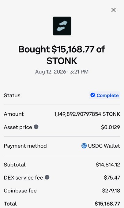 A Coinbase transaction confirmation showing a completed purchase of 1,149,892.90797854 STONK for a total of $15,168.77 paid via USDC Wallet on Aug 12, 2026.