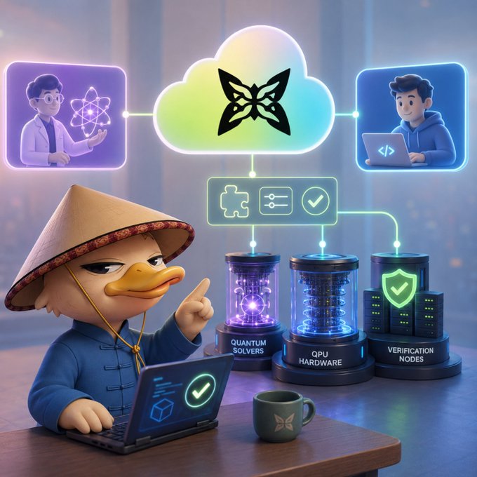 A duck wearing a conical hat and blue tunic works on a laptop displaying a checkmark, connected via a cloud network to developers on either side, with hardware components below labeled "QUANTUM SOLVERS," "QPU HARDWARE," and "VERIFICATION NODES." The image illustrates the gap in the post—showing the disconnect between quantum hardware specialists and everyday developers, highlighting how quantum computing hasn't yet reached the user-friendly abstraction layer that makes services like AWS accessible without deep infrastructure knowledge.