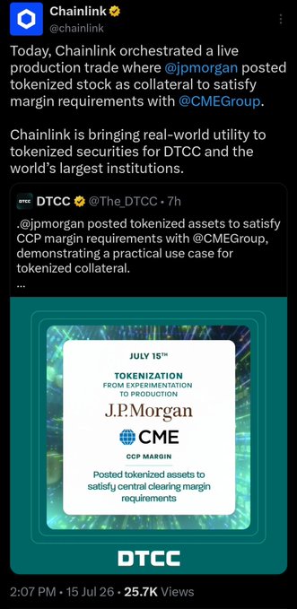 A Chainlink tweet (@chainlink) announcing a live production trade orchestrated by Chainlink where JPMorgan posted tokenized stock as collateral to satisfy CCP margin requirements with CME Group, dated 15 Jul 26.