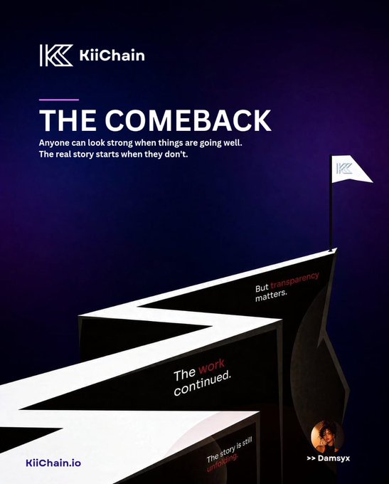 A promotional graphic for KiiChain with the headline "THE COMEBACK" and the tagline "Anyone can look strong when things are going well. The real story starts when they don't." It features a winding path illustration with text reading "But transparency matters.", "The work continued.", and "The story is still unfolding." along with the URL "KiiChain.io" and "Damsyx".