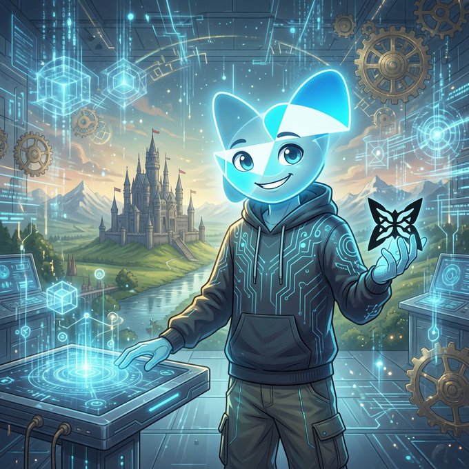 A stylized digital illustration of a cartoon character with blue crystalline features wearing a hoodie, holding a butterfly, set against a fantasy landscape with a castle, gears, and holographic interface elements.