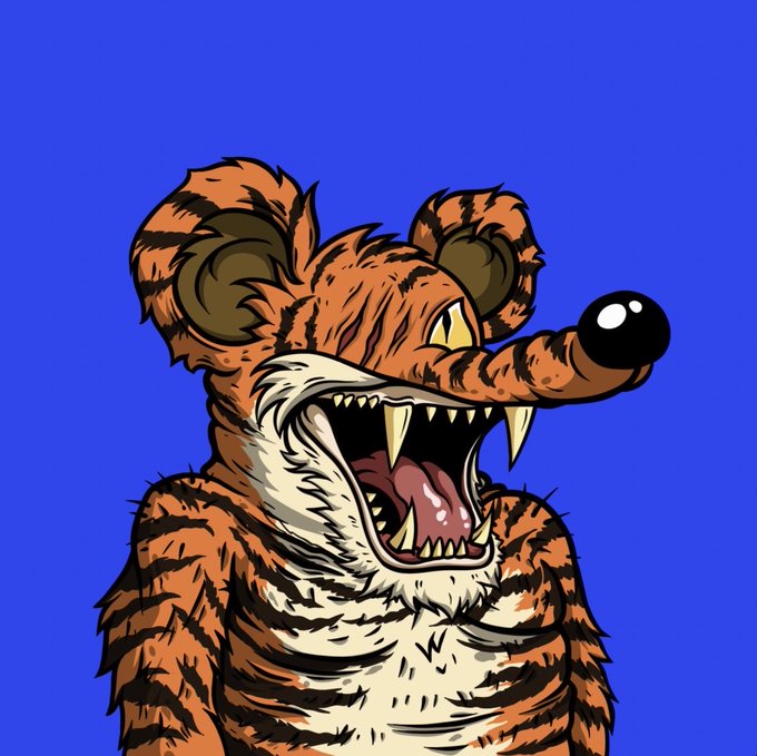 An illustrated cartoon tiger or feline creature with orange and brown stripes, roaring with sharp fangs visible, set against a solid blue background.