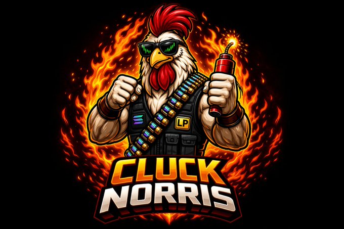 A bold logo/illustration featuring a muscular rooster wearing sunglasses and a tactical vest with "LP" patch, holding a fire extinguisher, surrounded by flames, with the text "CLUCK NORRIS" below.