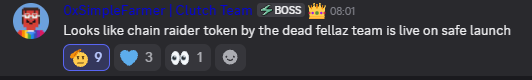 A Discord message from 'fxSimpleFarmer | Clutch team' reading: 'Looks like chain raider token by the dead fellaz team is live on safe launch', posted at 08:01.