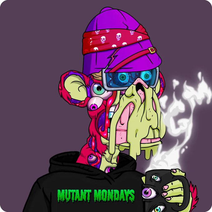 A cartoon illustration of a grotesque mutant character with multiple eyes, a purple skull-bandana hat, and oozing green slime dripping from its face, holding a smoking mug with 'MUTANT MONDAYS' written on a black hoodie.