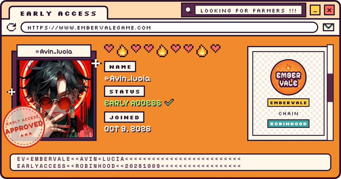 A retro-style pixel art early access approval card for @avin_lucia on the Embervale game, showing her status as "EARLY ACCESS" with a join date of October 8, 2025, alongside the URL https://www.embervalegame.com and tags including Embervale and Robinhood. The card promotes a free mint waitlist for the Embervale game, matching the post's call to action.