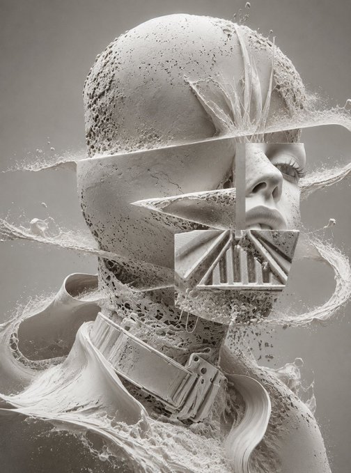 A monochromatic, surreal 3D render features a fragmented human head composed of geometric shapes and dynamic splashes of liquid, evoking themes of disruption and digital transformation. The image complements the post's call to action, "GM FR3NDS another morning, same signal stay aligned with @R3ORDR," by visualizing the deconstruction of identity and reality—a fitting aesthetic for a prompt designed to inspire creative AI generation.