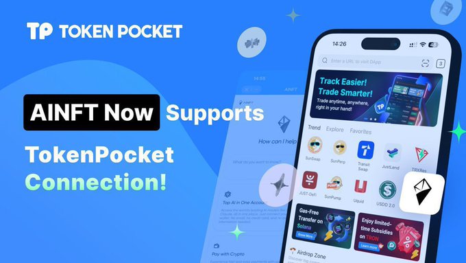 Token Pocket advertisement with blue background showing 'TP TOKEN POCKET' branding and the announcement 'AINFT Now Supports TokenPocket Connection!' alongside a smartphone displaying the app interface.