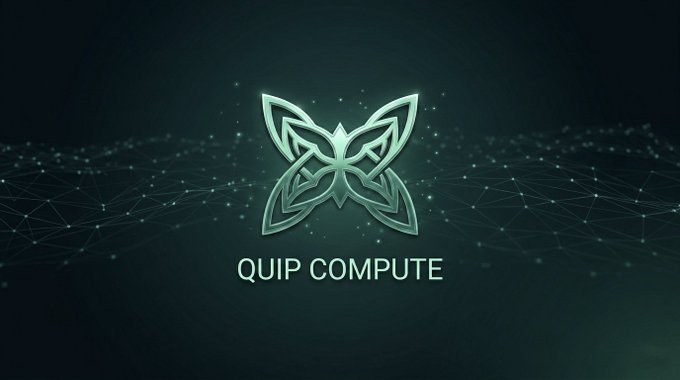 A logo for 'QUIP COMPUTE' featuring a stylized, glowing green butterfly or geometric emblem centered on a dark background with network-like lines.