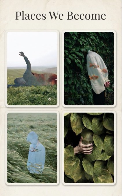An artistic collage titled 'Places We Become' featuring four photos of a person blending into natural environments like grass, foliage, and a horse.