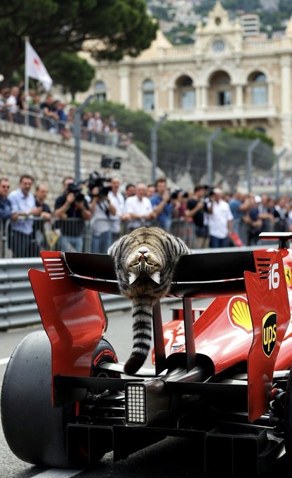 The image shows a cat sitting inside a red Ferrari race car, with its front paws hanging over the side of the vehicle. The car has a large number "15" on the back bumper. In the background, there are people standing around the car, possibly admiring it or waiting for the race to begin. 

The image also includes a caption that reads: "Meanwhile at the @F1 in Monaco. It's just an @upsidedowncabal chilling out on the @Ferrari $USDC". This suggests that the cat is enjoying its time inside the car, and it might be taking advantage of the situation to relax or explore the vehicle while no one else is around.