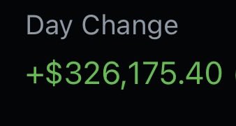 The image displays a "Day Change" notification showing a gain of "+$326,175.40" in green text, reflecting the impressive single-day trading profits on tickers $CRWV, $NBIS, $IREN, and $MU that the poster highlights as their best day from being patient with their investments.