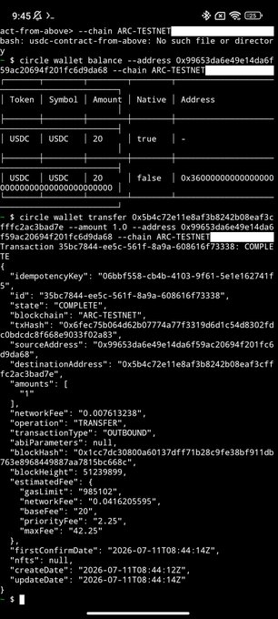 A terminal screenshot showing a command line interface for a 'circle wallet transfer' transaction involving USDC on the ARC-TESTNET, with JSON output details.