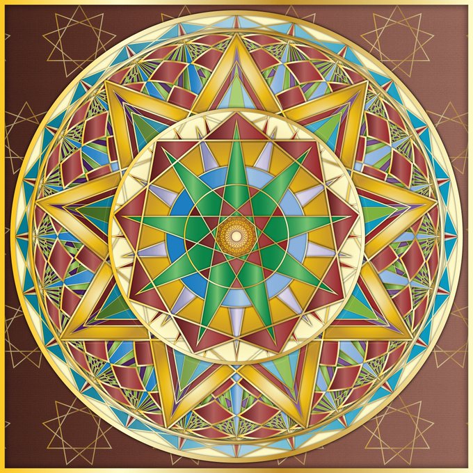 An intricate, colorful mandala artwork featuring concentric geometric patterns in red, blue, green, gold, and yellow hues against a brown background.