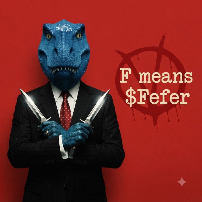 A blue dinosaur-headed figure in a black pinstripe suit and red tie holds two knives crossed in front of its chest against a red background, with text reading "F means $Fefer" next to an anarchy symbol.