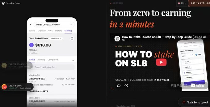 Screenshot showing Cassator Corp.'s crypto staking platform with $618.98 total staked value and a YouTube video titled 'HOW TO stake ON SL8' about staking tokens.