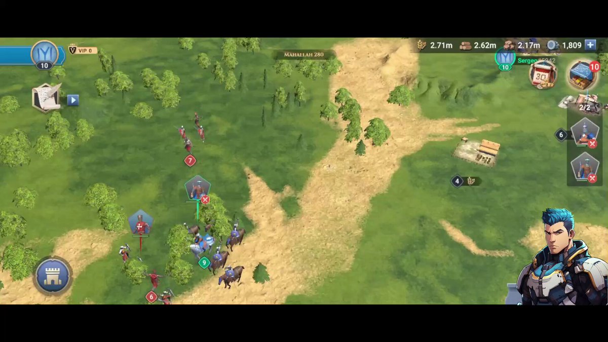 The image shows a video game scene with a character standing next to a large map of a medieval-style village, surrounded by trees and buildings. The player's goal is to build and manage their own empire within this virtual world. The game features various elements such as a castle, a horse, and a man in armor, which are part of the immersive gameplay experience.