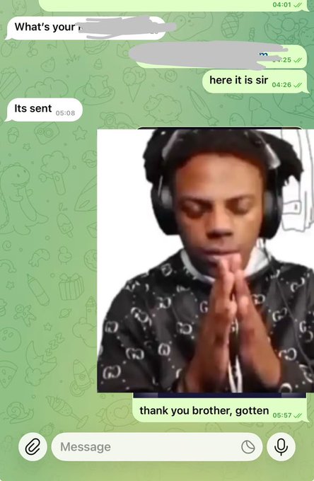 A WhatsApp conversation screenshot on a green vegetable-patterned background shows messages exchanged between users, including "here it is sir" (04:26), "Its sent" (05:08), and "thank you brother, gotten" (05:57), with an overlaid image of a man wearing headphones and Gucci clothing with hands clasped in a prayer gesture. The exchange appears to depict a successful web3 gig delivery, aligning with the post celebrating the steady flow of web3 freelance work.
