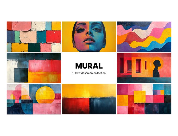 A promotional grid displaying a colorful 'MURAL' 16:9 widescreen collection of abstract painted artworks in vibrant hues.