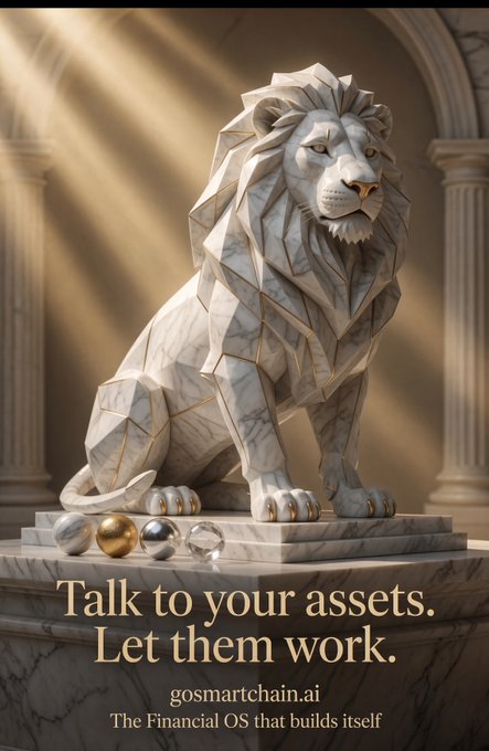 A majestic geometric marble lion statue sits on a pedestal adorned with gold and silver orbs, illuminated by dramatic light rays, with the tagline "Talk to your assets. Let them work." and "gosmartchain.ai — The Financial OS that builds itself" displayed below. The lion symbolizes strength and dominance, reinforcing the post's message about Go! being a powerful, self-building AI financial system that your voice controls ("Roar")—with the lion's commanding presence mirroring the platform's promise to hunt yields and serve as your secondary account.