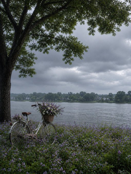 The image features a bicycle parked next to a tree by a body of water with flowers blooming around it. The scene appears to be set during an evening or dusk time, as indicated by the dark sky above. The bicycle's position near the water suggests that someone might have taken a leisurely ride through the area before deciding to stop and enjoy the view. The presence of flowers adds a touch of nature and beauty to the scene, creating a serene atmosphere for those who appreciate such moments.