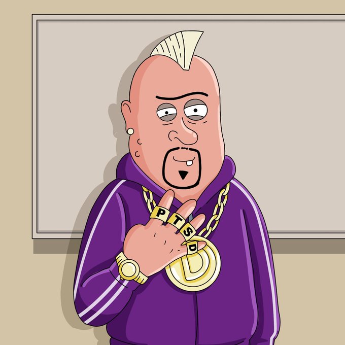 A cartoon character with a blonde mohawk and goatee wears a purple track jacket and a gold chain spelling 'PTS D'.