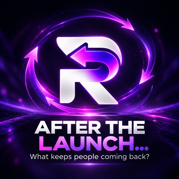 A neon-purple promotional graphic shows a metallic “R” logo surrounded by circular arrows, with the text “AFTER THE LAUNCH... What keeps people coming back?” It visually reinforces the post’s message about sustaining engagement and ecosystem activity after a token launch through RebateLaunch.