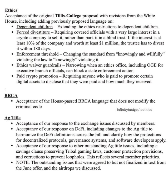 The image displays a document outlining revisions to the Tillis-Gallego proposal, detailing ethics provisions covering dependent children, forced divestiture, enforcement thresholds, ethics waivers, and paid crypto promotion. It also includes sections on BRCA (accepting House-passed language without modifying the criminal code) and Agricultural Title amendments addressing DeFi definitions, tribal gaming protections, and consumer safeguards. The text directly relates to the post as it presents the Republican counterproposal to Democrat-requested changes in the Clarity Act.