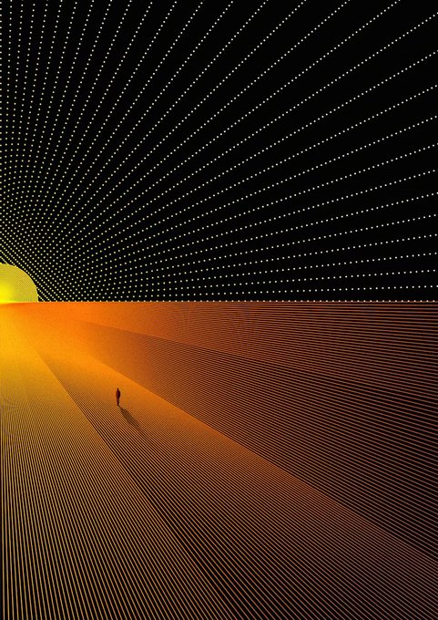 A minimalist digital illustration showing a tiny silhouetted figure walking across an orange, wave-patterned desert landscape under a black sky covered in a grid of yellow stars.