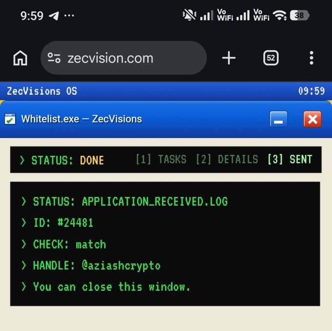 A mobile screenshot of a website called 'zecvision.com' showing a 'ZecVisions OS' interface with a 'Whitelist.exe' window displaying 'STATUS: DONE', 'STATUS: APPLICATION_RECEIVED.LOG', 'ID: #24481', 'CHECK: match', and 'HANDLE: @aziashcrypto'.