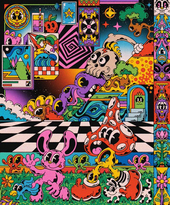 A vibrant, psychedelic illustration featuring surreal cartoon characters—a pink bunny, mushrooms with googly eyes, a skull-headed figure, and a retro checkered floor—rendered in a bold, pop-art style that aligns perfectly with the post's enthusiastic praise of the artwork's creativity and artistic concept.