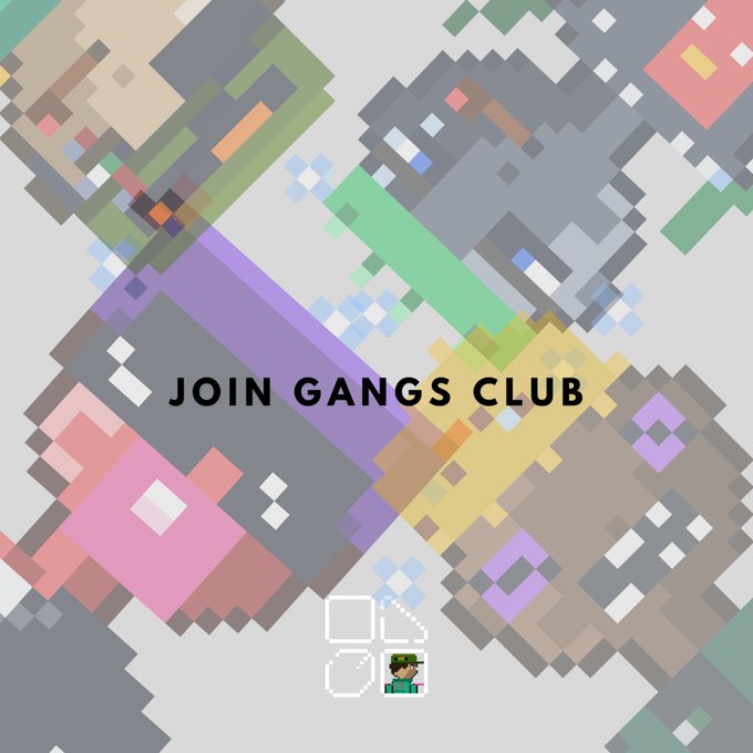 A pixel art graphic features the text "JOIN GANGS CLUB" overlaid on a colorful isometric cityscape of Minecraft-style buildings, with a small player avatar and inventory icons at the bottom. The image serves as promotional artwork for an NFT drop, aligning with the post's urgent 1-hour countdown call to action urging viewers to "Drop your wallet" and join the club.