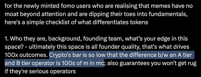 A screenshot of a tweet advising new crypto investors to evaluate tokens based on their founding team's background and quality, emphasizing that founder expertise is what drives 100x outcomes in the space. The highlighted text reads: "Crypto's bar is so low that the difference b/w an A tier and B tier operator is 100s of m in mc," reinforcing the post's message that strong, product-focused teams are key differentiators.