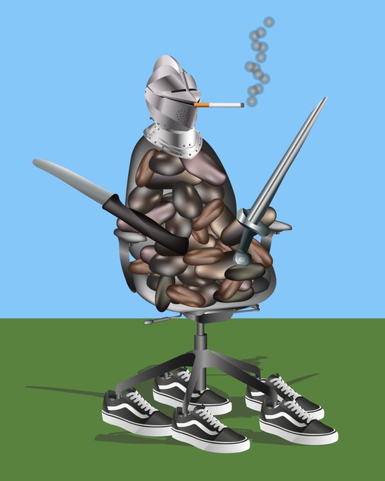 Surreal digital illustration of a surreal figure wearing a knight's helmet and sneakers, with a body composed of pebbles, holding a sword and smoking a cigarette.