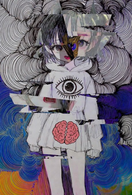 ikebana art style illustration of a girl with black hair, white face, and pink heart on her chest, surrounded by abstract lines and shapes against a blue background.