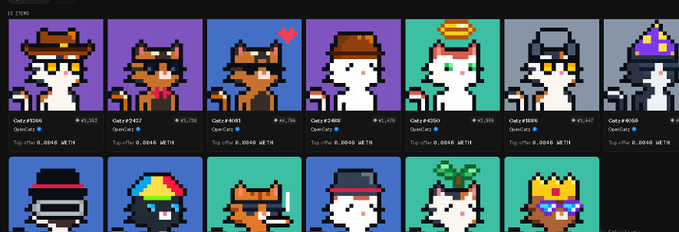 A grid of pixelated cat NFT profiles from the OpenCatz collection, each card displaying unique traits like hats (cowboy, wizard, crown) and pets, with listed prices around 0.0042 MΞTH and token IDs ranging from #1506 to #2006, reflecting the user's recent purchases of additional cats despite a low floor price.