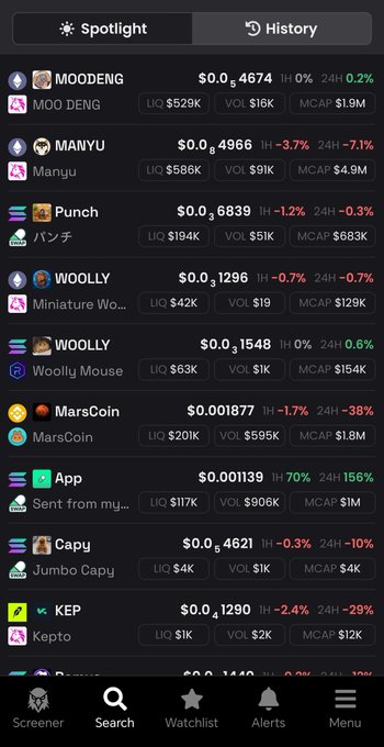 A mobile crypto tracking app screenshot showing the History tab with meme coin tickers including MOODENG ($0.0₆4674, +0.2%), MANYU ($0.0₆4966, -3.7%), and Punch ($0.0₆6839, -1.2%) at the top—matching the post's mention of holding these three coins while waiting for capital to flow into ETH and SOL.